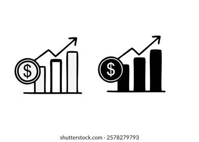 Dollar coin with growth arrow vector icon designs. Dollar rate increase vector icon set