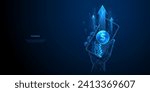 Dollar coin with growth light arrows on a phone screen. Smartphone in a hand. Business, Finance blue background. Digital 3D increases revenue or investment concepts. Money profit. Vector illustration