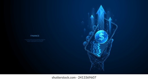 Moneda de un dólar con flechas de luz de crecimiento en una pantalla telefónica. Smartphone en mano. Negocios, fondo azul de Finanzas. El 3D digital aumenta los ingresos o los conceptos de inversión. Ganancia monetaria. Ilustración del vector