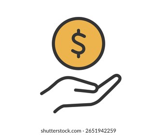 Dólar Moeda no Ícone Mão - Suporte Financeiro e Símbolo de Renda Vetor