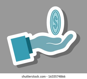 Dollar coin in hand icon that symbolizes investment and cash. All the objects, shadows and background are in different layers. 