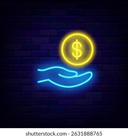 Dollar coin in the hand neon sign. USA money. Economy emblem. Vector stock illustration