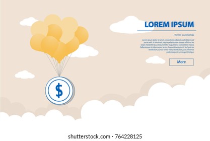 Dollar coin hanging with pastel balloons, Business and finance concept for presentation, cover or annual report. Vector illustration.