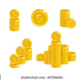 Dollar coin heaps. Exceeding income goals, calculating high income and a large capital base. Business finance and economy concept. Cartoon vector illustration isolated on white background