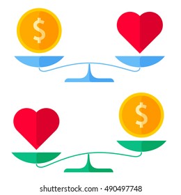 Dollar coin and a heart on a scales. Flat concept illustration of balance, wealth and health symbols. Isolated vector elements for money and healthcare infographics, presentations, publish and web.