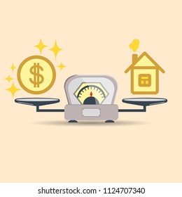 A dollar coin and a house on the scales. Money and house scales icon. Real estate, rent, expenses, liabilities and mortgage concept. Money and balance at home on the scale of the concept. Estate sale