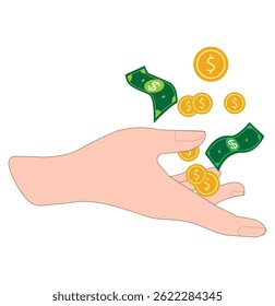 Dollar Coin in Human Hand Line and Silhouette Icon Set. Finance Payment, Salary Pictogram. Business Wealth Symbol. Save Money Sign. Financial Economy. Editable Stroke. Isolated Vector Illustration.