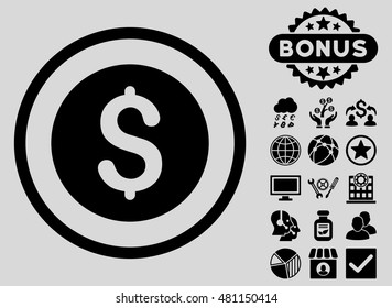 Dollar Coin icon with bonus. Vector illustration style is flat iconic symbols, black color, light gray background.