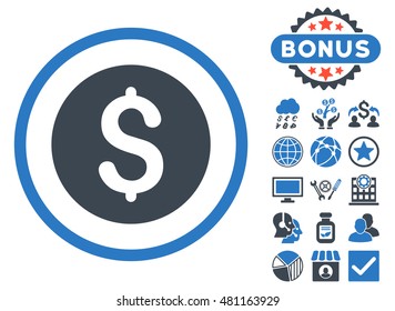 Dollar Coin icon with bonus. Vector illustration style is flat iconic bicolor symbols, smooth blue colors, white background.
