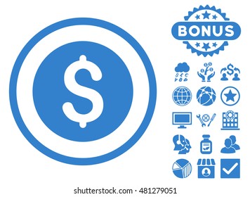 Dollar Coin icon with bonus. Vector illustration style is flat iconic symbols, cobalt color, white background.