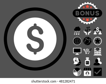 Dollar Coin icon with bonus. Vector illustration style is flat iconic bicolor symbols, black and white colors, gray background.