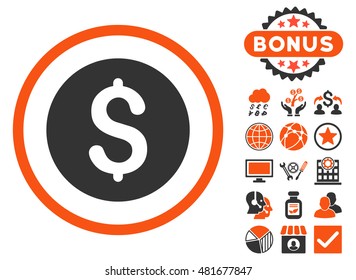 Dollar Coin icon with bonus. Vector illustration style is flat iconic bicolor symbols, orange and gray colors, white background.