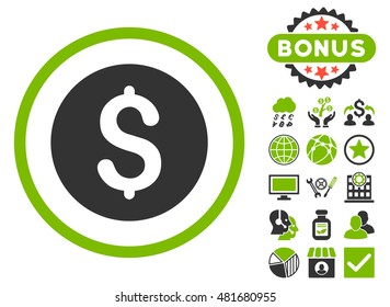 Dollar Coin icon with bonus. Vector illustration style is flat iconic bicolor symbols, eco green and gray colors, white background.
