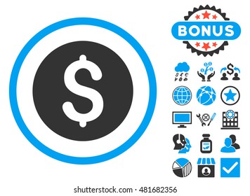 Dollar Coin icon with bonus. Vector illustration style is flat iconic bicolor symbols, blue and gray colors, white background.