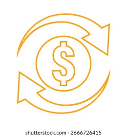 Ícone de moeda em dólar com setas circulares representando câmbio, transação e conversão de moeda. Perfeito para fintech, bancos, aplicativos financeiros e design de negócios globais