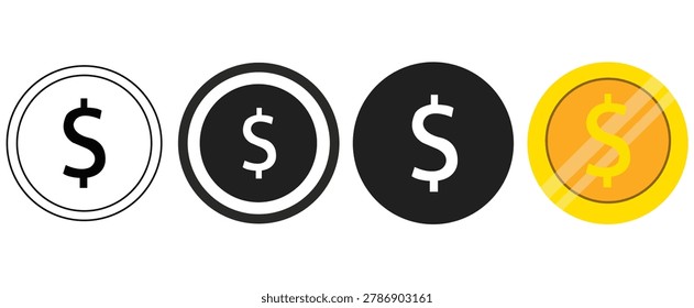 Dollar coin icon collection featuring currency finance money and banking concept for business and investment design projects