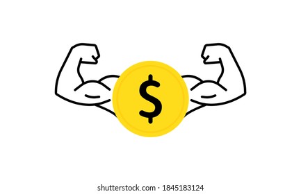 Dollar Coin Icon With Flexing, Strong Muscles. Vector Flat Cartoon Illustration For Web Sites And Banners Design