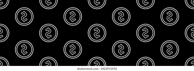 Icono de moneda en el fondo negro, patrón sin fisuras.