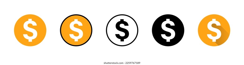 Dollar coin icon set with different styles. Money and currency. Vector.