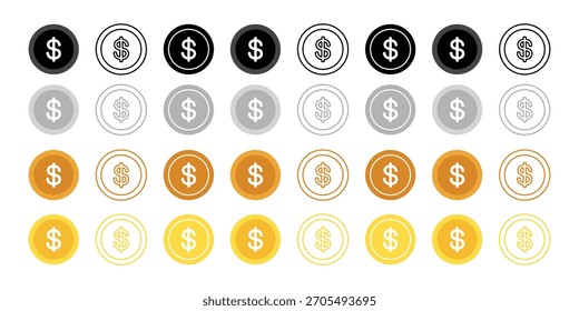 Conjunto de ícones da moeda do dólar: coleção de vetor de dinheiro, moeda e símbolos do ativo financeiro em tons de preto, prata e ouro com estilo de contorno