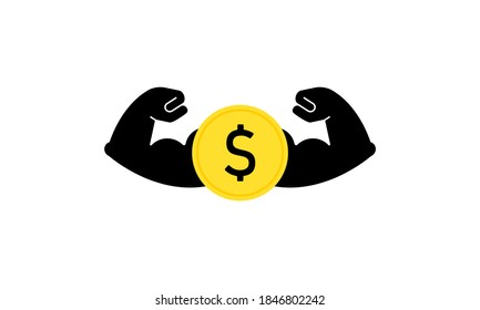 Dollar coin icon. Strong muscles. Business concept. Vector EPS 10. Isolated on background