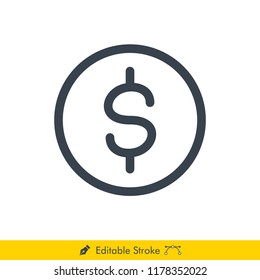 Dollar Coin Icon / Vector - In Line / Stroke Design