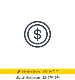 Dollar Coin Icon / Vector - In Line / Stroke Design