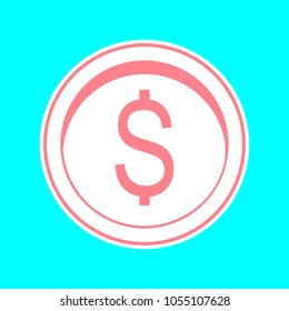 Dollar Coin icon. Vector. Magenta icon with white sticker contour at sky blue background. Isolated.