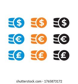dollar coin icon,euro coin ymbol, pound currency symbol