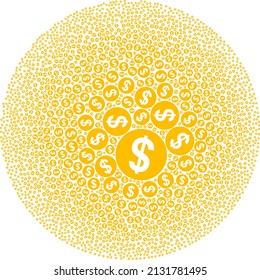 Dollar coin icons are composed into bubble group. Dollar coin icon spheric mosaic. Abstraction round bubble mosaic is designed from dollar coin items.