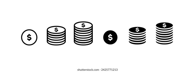 Iconos de monedas de dólar. Lineal, conjunto de monedas de dólar, iconos de dólar. Iconos vectoriales