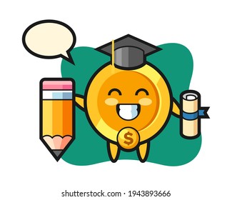 Dollar coin illustration cartoon is graduation with a giant pencil