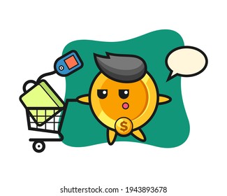 Dollar coin illustration cartoon with a shopping cart