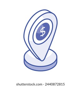 Dollar coin inside location pin showing concept isometric vector of bank location