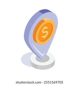 Dollar coin inside location pin showing concept isometric vector of bank location