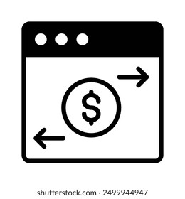 Dollar coin inside webpage with arrows, concept of money transfer, transactions, payments, online banking, vector design