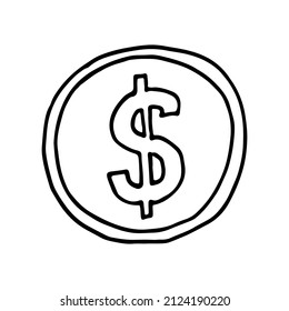 Dollar Coin Isolated On A White Background. Gold Money. Doodle Vector Illustration. 