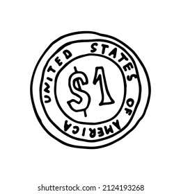 Dollar coin isolated on a white background. Gold money. Doodle vector illustration. 