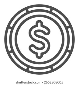 Dólar ícone de linha de moeda, jogos de azar e conceito de jogo. Gráficos vetoriais. Chip de casino, sinal financeiro no fundo branco, ícone de estilo de contorno para design móvel ou web