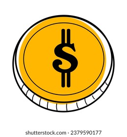 Icono lineal de moneda en dólares con forma amarilla. Ilustración del doodle vectorial.