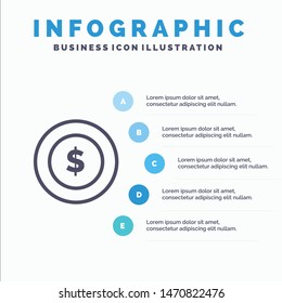 Dollar Coin, Logistic, Global Line icon with 5 steps presentation infographics Background. Vector Icon Template background