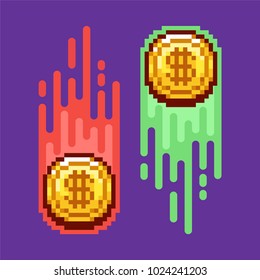 dollar coin logo in a pixel art with flat design. digital currency. cryptocurrency. golden coin with dolar symbol.