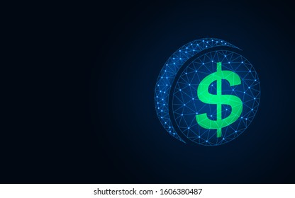 Dollar coin low poly design, money wireframe mesh polygonal vector illustration made from points and lines on dark blue background