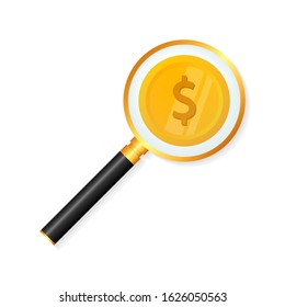 Dollar coin lying under magnifying glass. Search of money, wealth, finance.