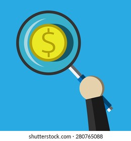 Dollar coin lying under magnifying glass. Search of money, wealth, finance, exaggeration of profit, over-optimistic expectations, analysis concept. EPS 10 vector illustration, transparency used
