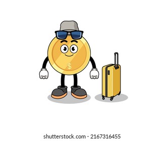 dollar coin mascot doing vacation , character design