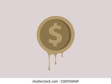Dollar coin melting, American financial crisis