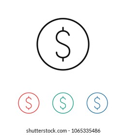 Dollar coin, money icon vector illustration. Linear symbol with thin outline. The thickness is edited. Minimalist style.