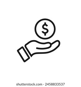 Dollar coin, money on hand - conceptual line icon with editable stroke. Finance symbol. Vector illustration.