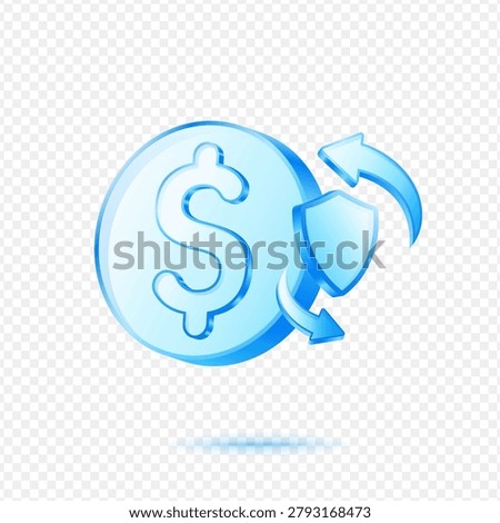 Dollar Coin Money Refund Shield Protection, 3D Blue Glossy Finance Security Icon
